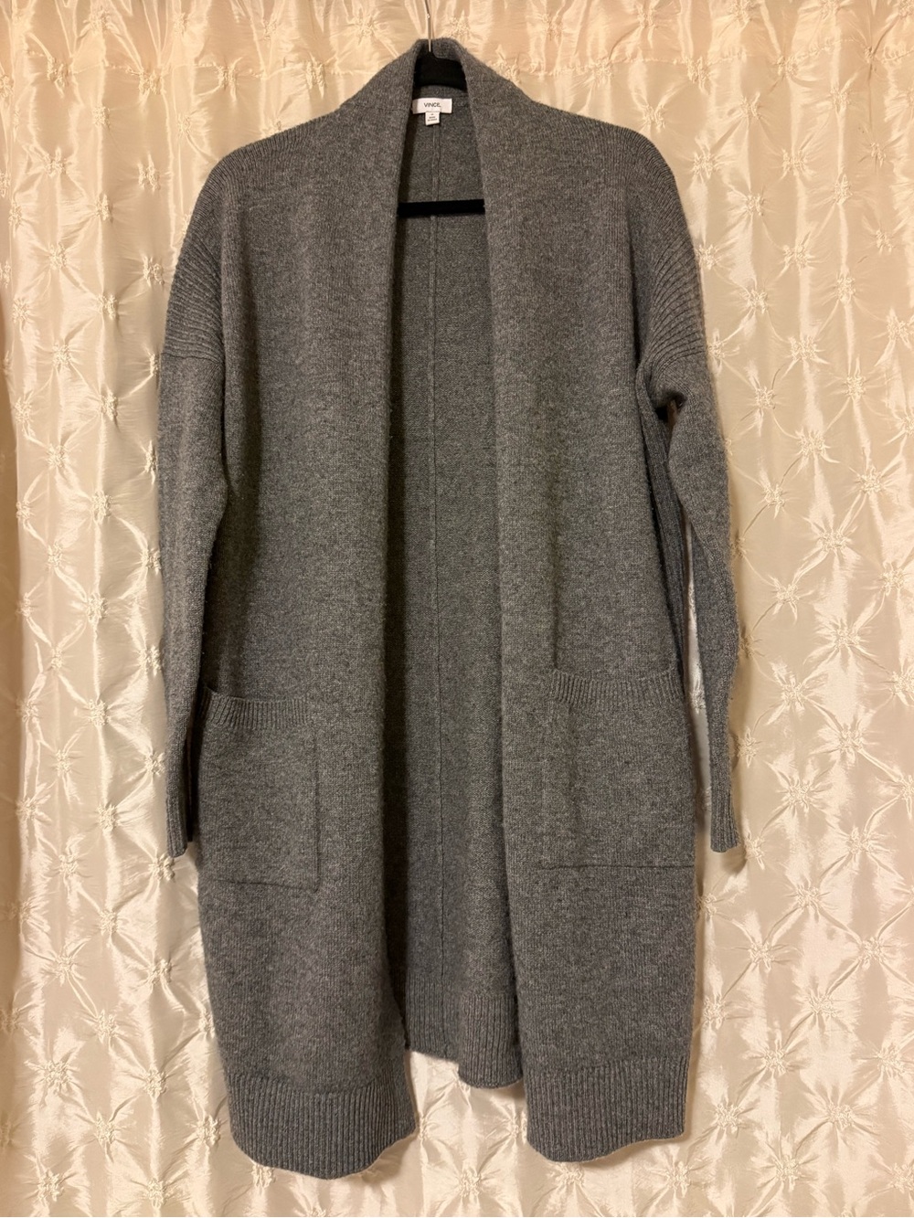 VINCE Cozy Cashmere Wool Open-Front Gray Longline Duster Knit Cardigan Sweater